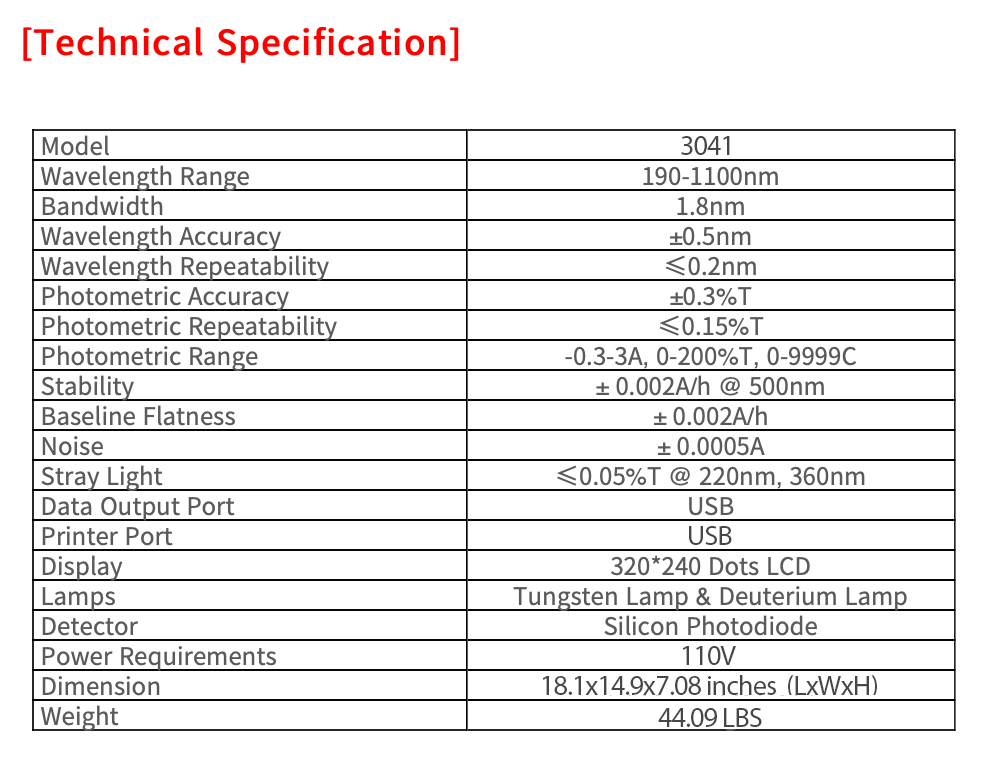 Vision 3041 UV Visible Spectrophotometer